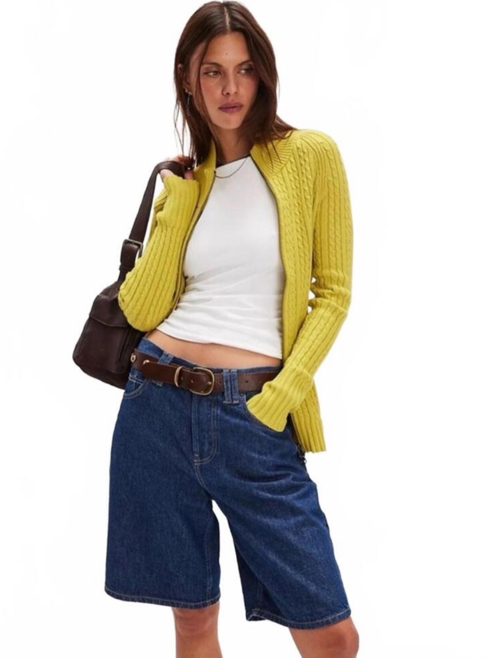NEW Free People Cable Knit Zip Cardigan Mini Skirt Set Chartreuse Clueless Sz S